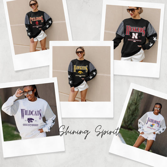 SHINING SPIRIT CREWNECK FLEECE PULLOVER WITH CONTRASTING JERSEY MESH SHOULDER INSERTS, RHINESTUD STARS, AND RIBBED CUFFS AND WAISTBAND