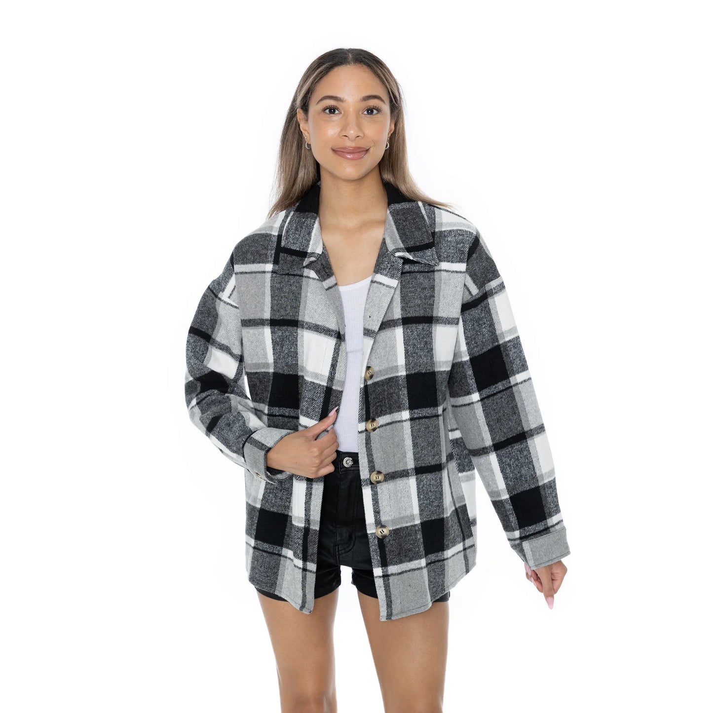 MAD FOR PLAID LONG SLEEVE BRUSHED PLAID OVERSHIRT WITH LAPEL COLLAR, BUTTON CLOSURE, AND CUFF DETAIL